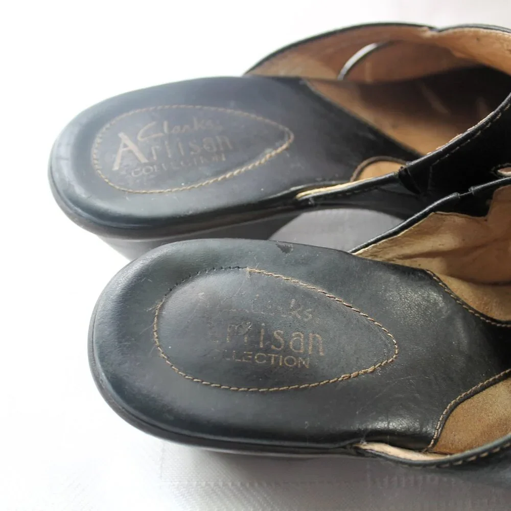 Clarks Black Leather Artisan Sandals Slides, 6.5M
